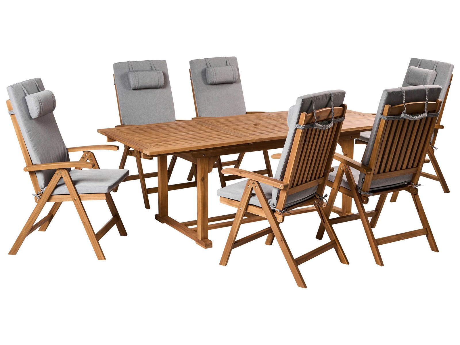 Set da pranzo da giardino a 6 posti in legno di acacia e sedie pieghevoli con cu