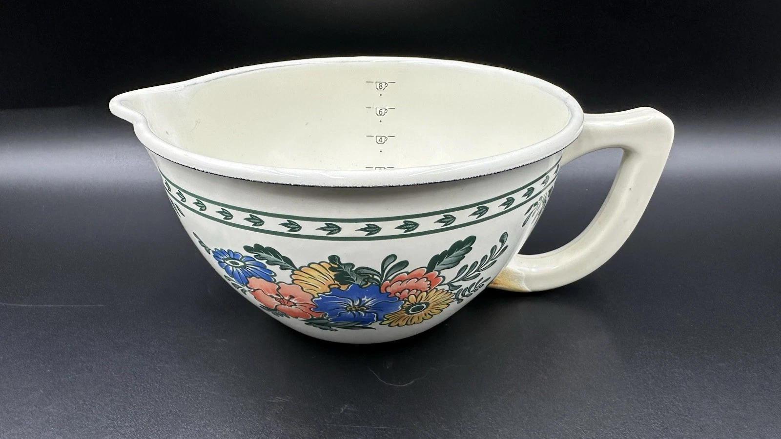 Vintage MK Enamel Ware 8 Cup Batter Bowl With Floral Pattern