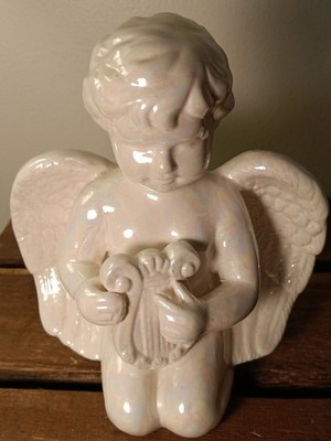 Vintage White Ceramic Angel Playing Harp Figurine, Kneeling, Iridescent Finish