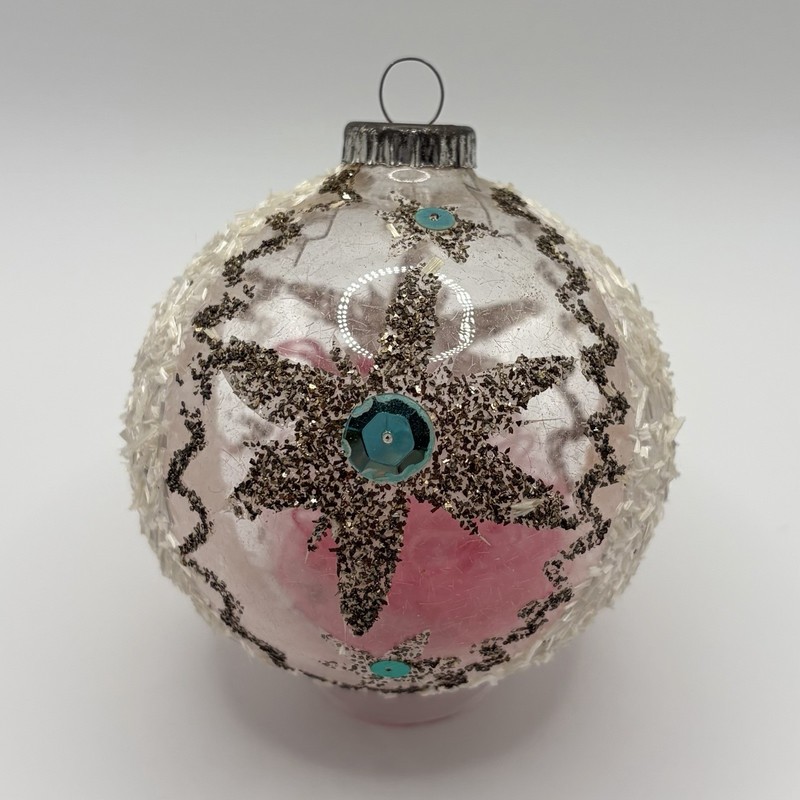 Vintage Coconut Mica Pink Angel Hair Filled Glass Christmas Ornament 3”