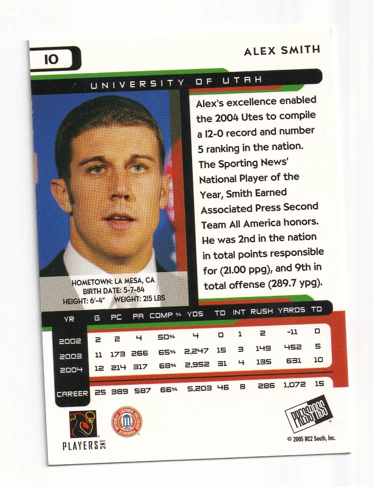 2005 Press Pass #10 Alex Smith RC Rookie Utah - Image 2 of 2
