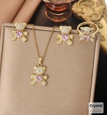 Gold Tone Teddy Bear Crystal Jewelry Set Necklace Earrings Ring Pink Heart for G