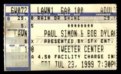 Paul Simon Bob Dylan 1999 Jul 23 Ticket Stub Mansfield MA Tweeter Center *TS53 - Image 1 of 2