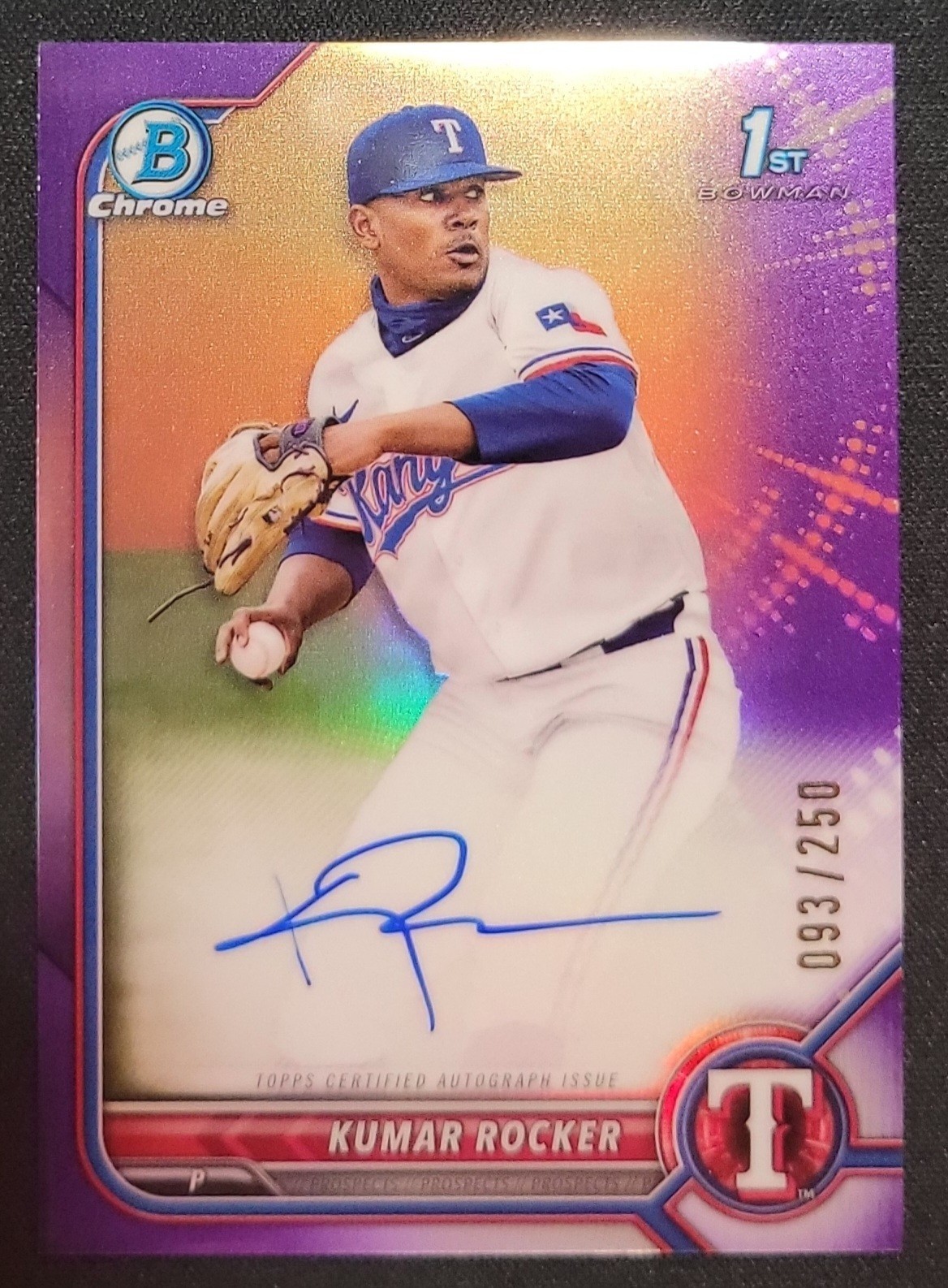 KUMAR ROCKER 2022 BOWMAN CHROME 1ST BOWMAN PURPLE AUTO /250 TEXAS RAMGERS CDA-KR