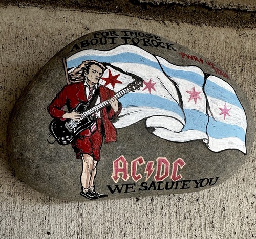 Art Hand Painted Iconic ACDC’s Angus Young painted on a Large Rock 8x6x3 - Picture 11 of 13