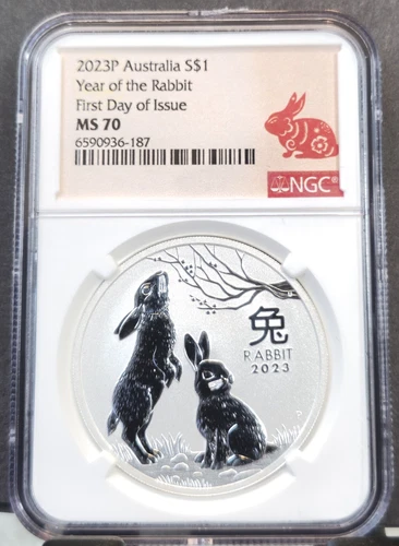 2023 AUSTRALIA SILVER 1 DOLLAR YEAR OF THE RABBIT NGC MS 70 FIRST DAY OF ISSUE