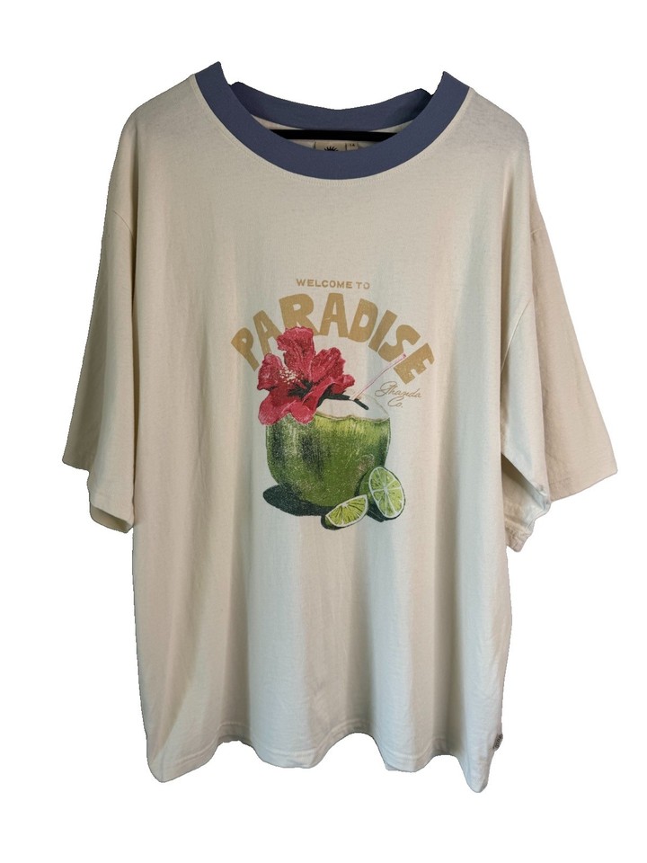Ghanda 1984 Womens Cream Welcome To Paradise Boxy Oversized T-Shirt Tee Sz 14