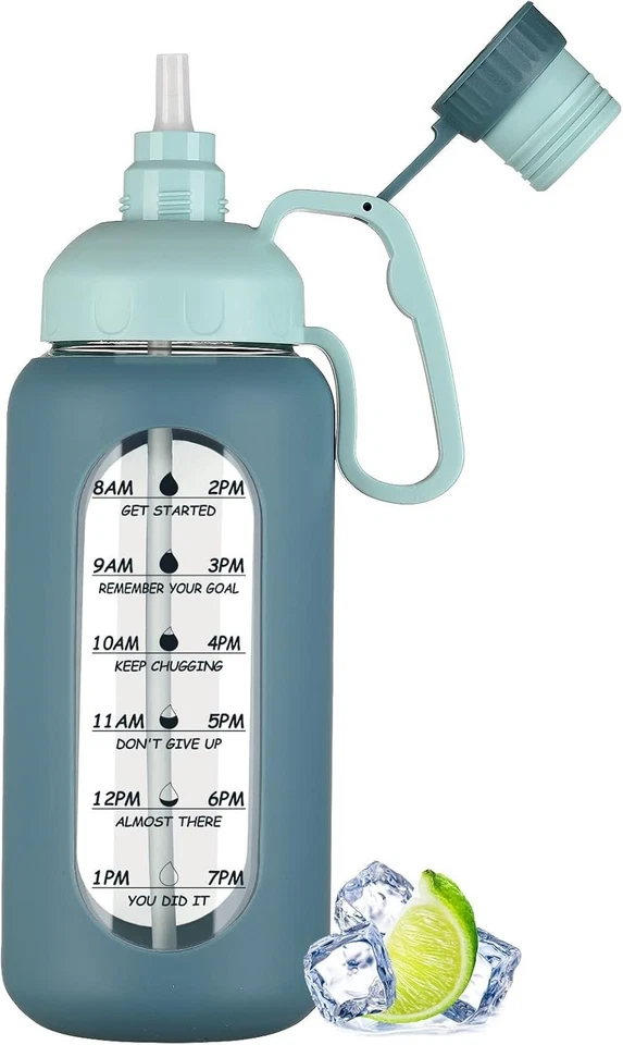 Botella de agua de vidrio portátil de 64 oz con pajita y tapa a prueba de fugas - esencial para exteriores Foto 3 de 4