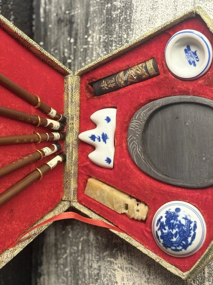 Old Chinese Asian Calligraphy Set Painting Brush Vintage Writing Box Set - Image 4 of 4