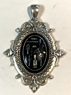 NEW SALE-ANT.NEIGER EGYPTIAN REVIVAL CZECH GLASS HIEROGLYPHICS PENDANT.bk/sil