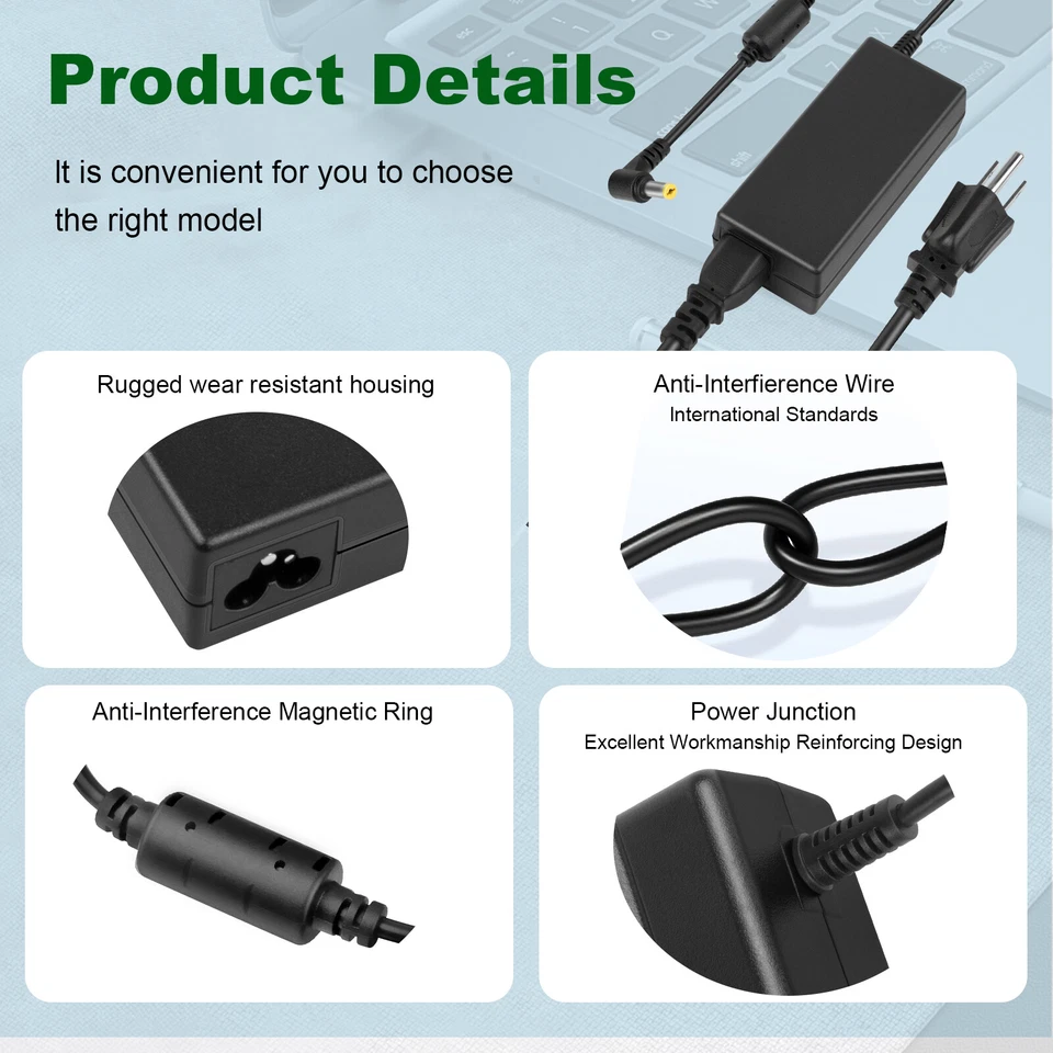 Cargador de corriente adaptador de CA de 45 W 19 V para Acer Gateway Kav60 Nav50 N214 PA-1300-04 EE. UU. Foto 4 de 4
