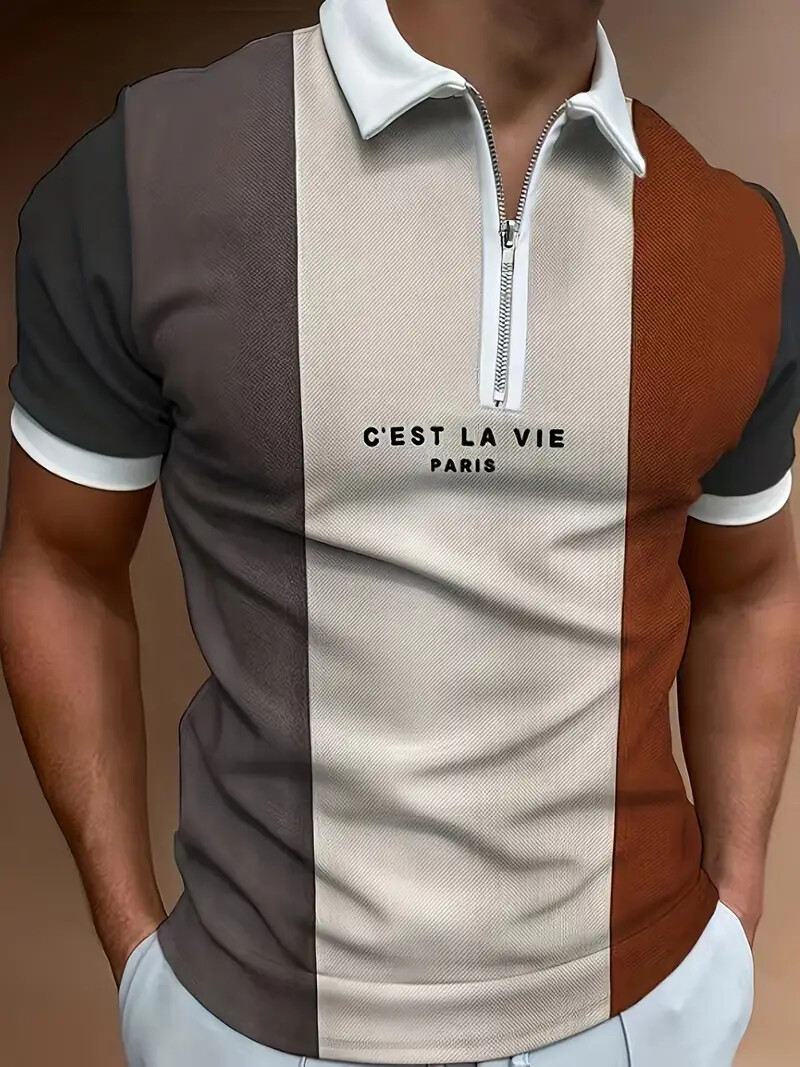 Camisetas Polo Hombres Marrón Gris Bloque Cremalera Golf Blanco Ribete Cuello