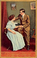 HIS ARDENT PLEAS-HE STEALS HER HAND OFF TYPEWRITER KEYS~1910 ROMANCE POSTCARD thumbnail