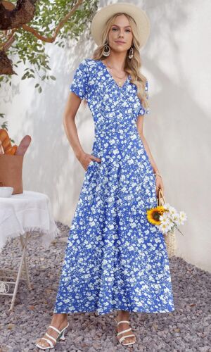 2025 Floral Print Maxi Dress Ankle Length Long Flowy Beach Dress with Pockets