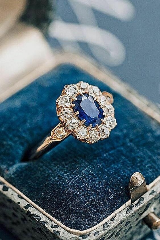 Vintage Art Deco Ct Oval Cut Blue Sapphire Wedding Ring 14K Yellow  Gold FN