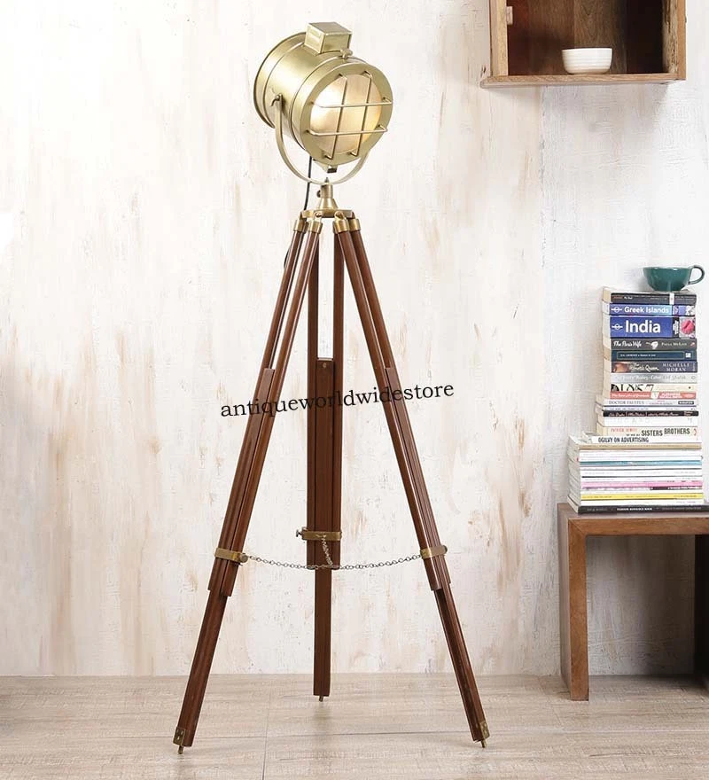 DESIGNER BRASS STUDIO FLOOR LAMP SEARCHLIGHT SPOT LIGHT WITH TRIPOD STAND