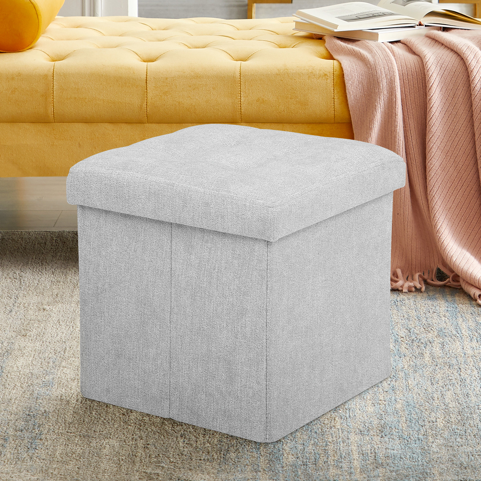 Gray Storage Ottoman Fabric Upholstered Classic Benches Cube Seat Footstool Home
