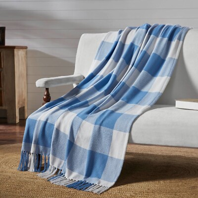 New French Country Cottage BLUE CHECK THROW Woven Afghan Blanket ...