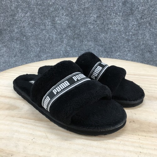 Puma Slippers Womens 10 Fluff BX Casual Slip On Comfort Slides Black Fabric - Picture 15 of 17