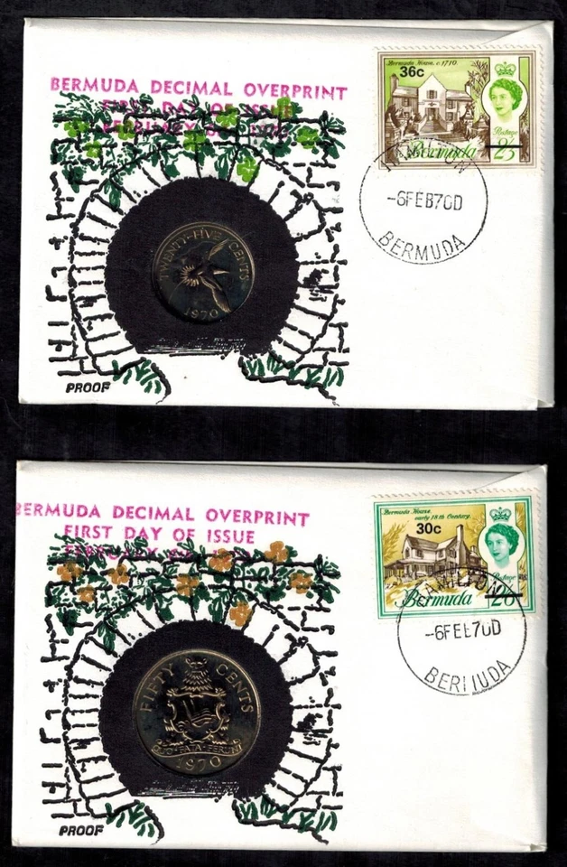 Bermuda 1970 Complete Set of 6 Surcharged FDCs for Decimal Currency w/Coins RARE - Image 3 of 4