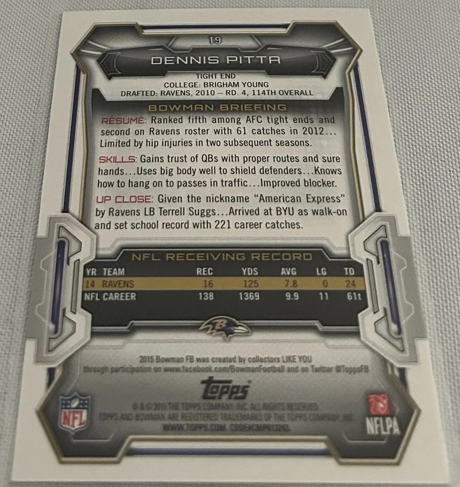 2015 Bowman Football Dennis Pitta Baltimore Ravens Black Foil Parallel #19 - Image 2 of 2