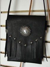 Leather Cross body Purse with Fringe and Chrome concho and studs