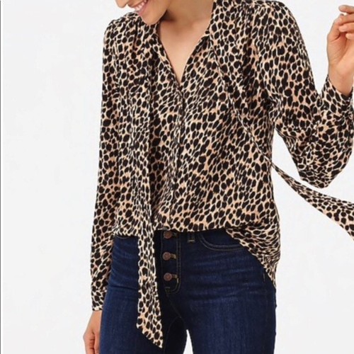 J Crew Animal Leopard Print Tie Neck Drapey Blouse Top Size Small