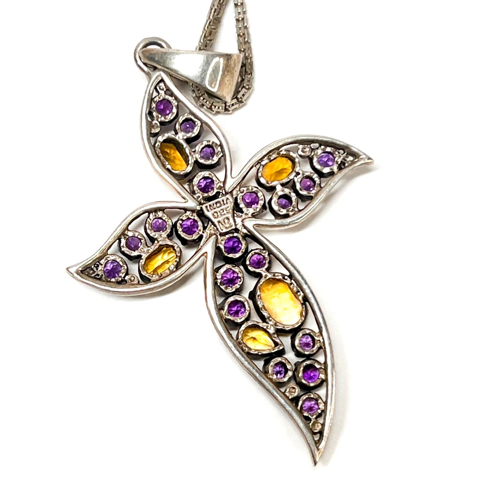 Collar Colgante Cruz Nicky Butler Plata Esterlina Pavé Amatista Citrino De Colección Foto 3 de 4