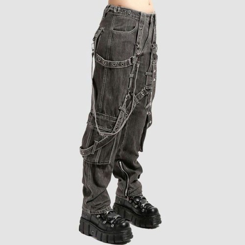 Gothic Cargo Pants Men Grunge Baggy Denim Jeans X-Strap Buckle Punk Trousers USA - Picture 14 of 22