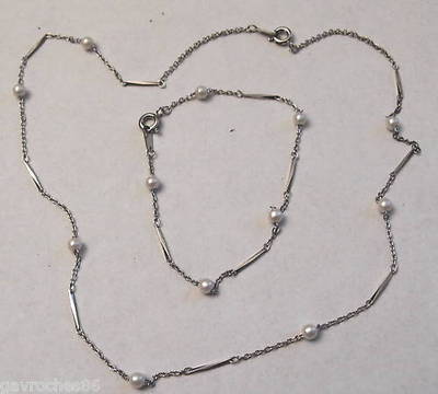 Parure Bijou Vintage Années 80 - Collier Et Bracelet Argenté Avec Perles Blanches - Occasion
