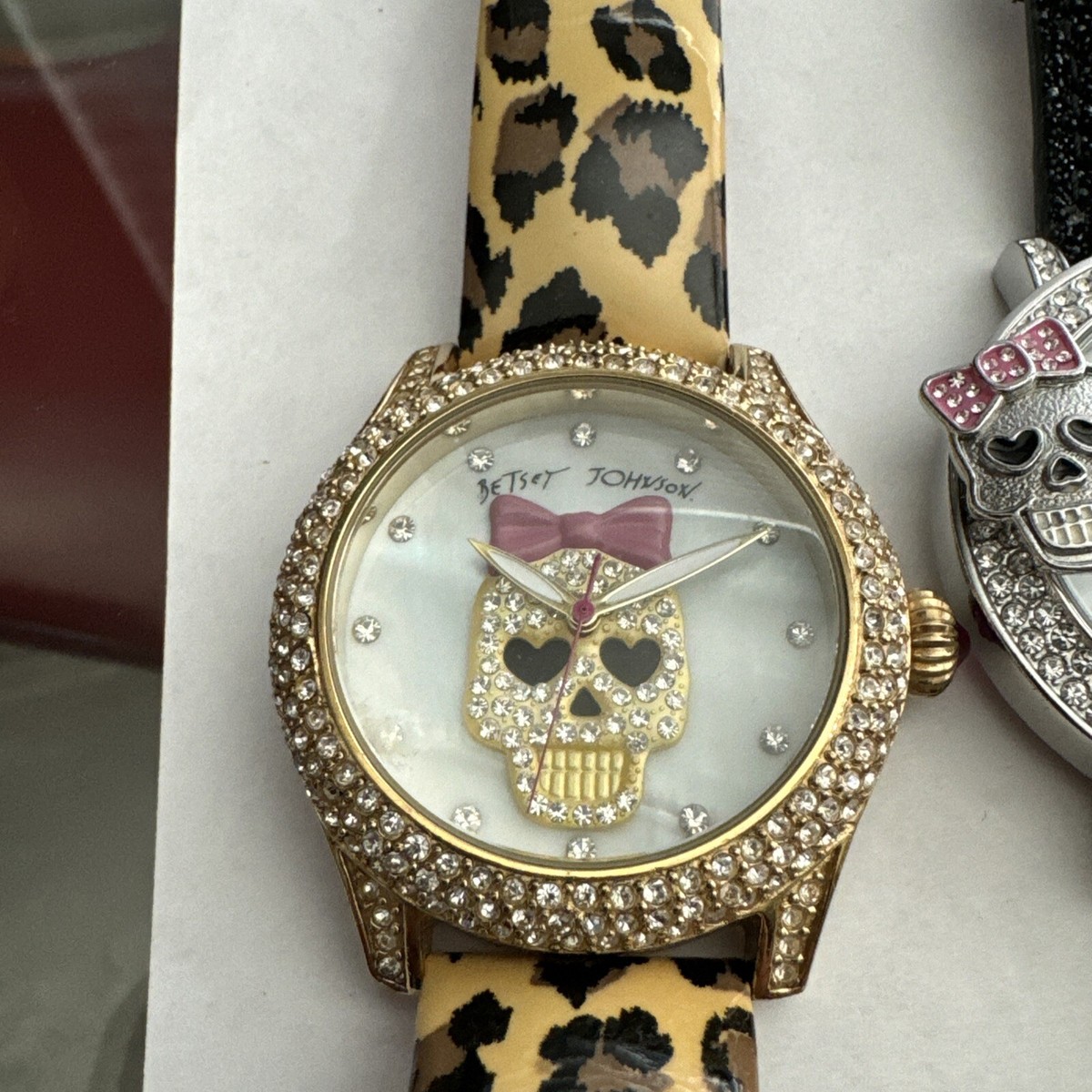 Betsey Johnson Rhinestone Sugar Skull Pink Polka Dot Bow 