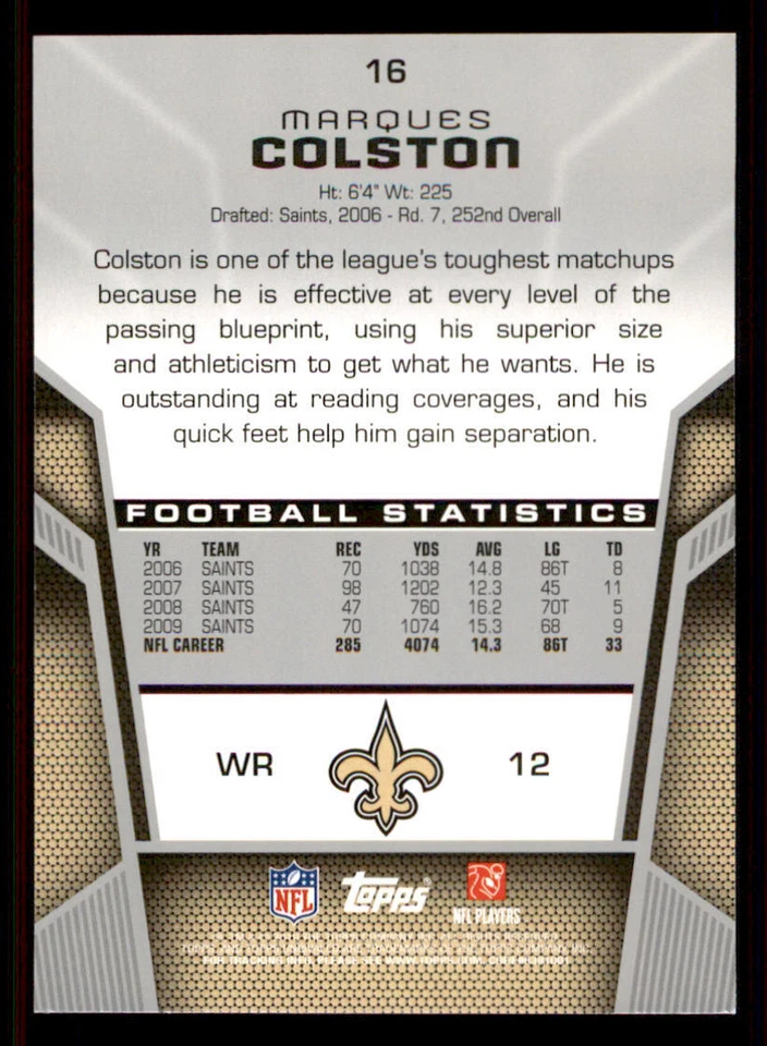 2010 Topps Unrivaled Gold 499 #16 Marques Colston /499 - Image 2 of 2