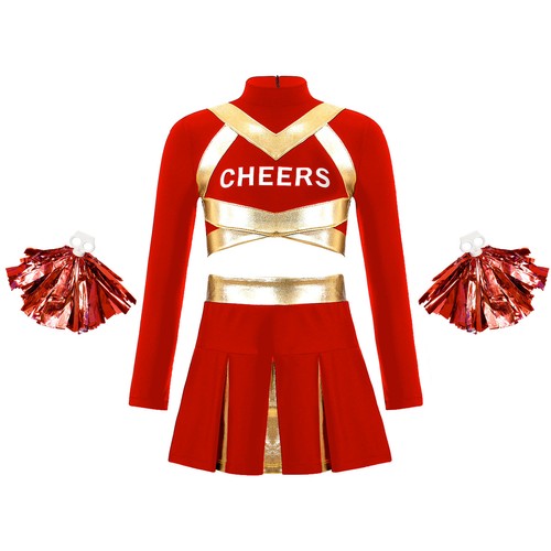 Kids Girls Cheer Leader Uniform Mock Neck Cheerleading Costume Patchwork Outfits - Picture 23 of 58