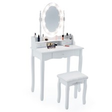 Schminktisch Set mit 10 LED & Hocker, 360° Spiegel Frisiertisch Kosmetiktisch