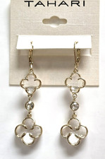 NEW TAHARI CRYSTALS GOLD TONE DOUBLE FACET GLASS CLOVER DANGLING,DROP EARRINGS