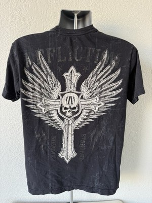 Vintage Affliction T Shirt Mens Medium, Black Cross Skull Wings Y2K AOP