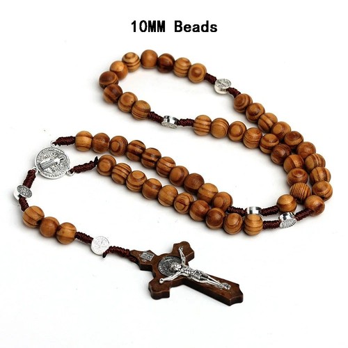 Catholic Wood Beaded Rosary Necklace INRI Cross Pendant Prayer Women Jewelry - Picture 5 of 13