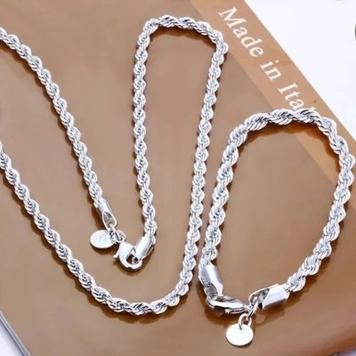 925 Sterling Silver Rope Chain Set 4MM Necklace & Bracelet for Men Women | 40 60