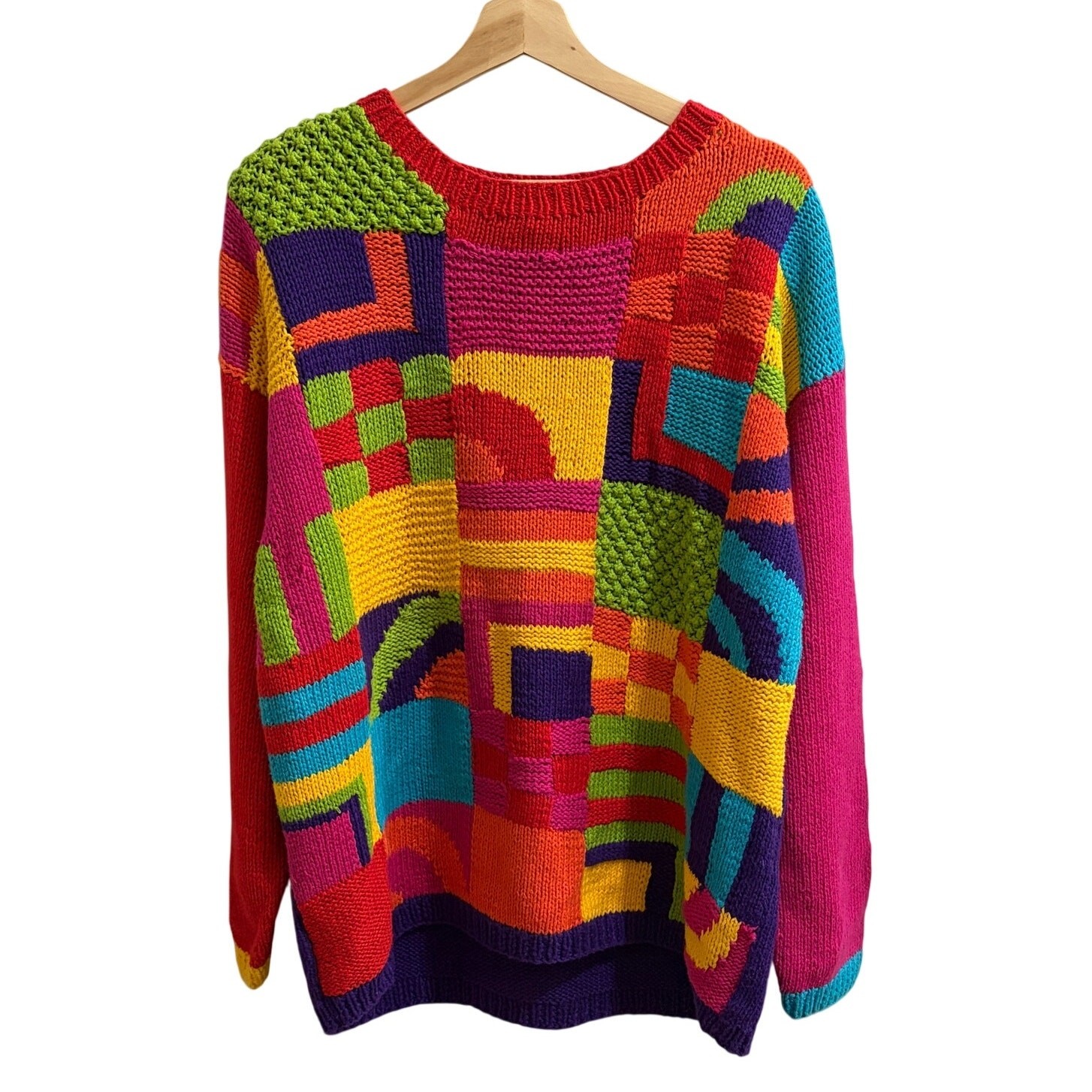 Vintage Sweater Womens Medium Colorful Patchwork Ramie Cotton Knit Cottagecore