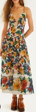FARM RIO Multicolor Tropical Print Plunge Neck Drop Waist Midi Dress SZ XS
