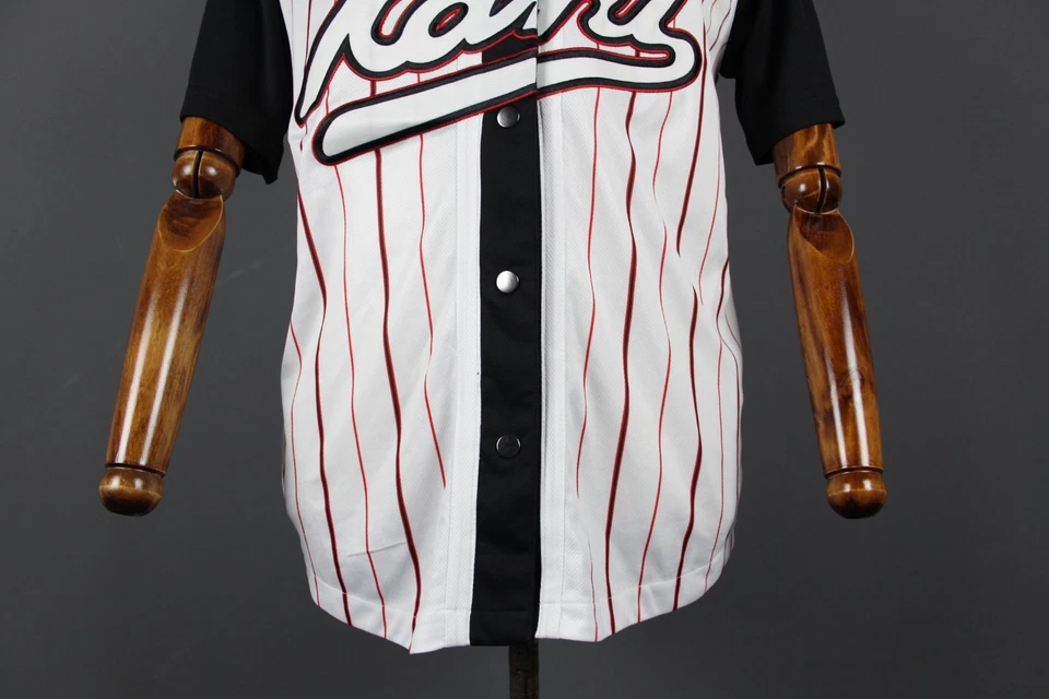 Karl Kani Sport White Striped V-Neck Big Logo Short Sleeve Snap Front Shirt Sz S - Image 3 of 4