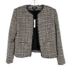 Express Boucle Tweed Blazer Womens Size Medium Black Ivory Gold Fringe Jacket