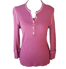 Splendid Large Thermal Top Button Henley Eggplant Modal Pima Cotton Waffle Knit
