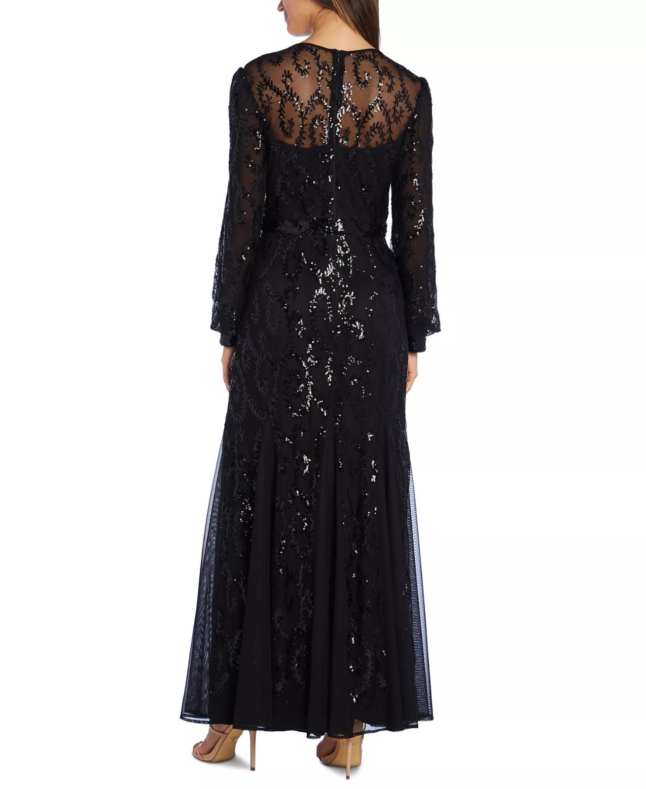 R & M Richards Sequined Blouson-Sleeve Gown Black Size 12 $189