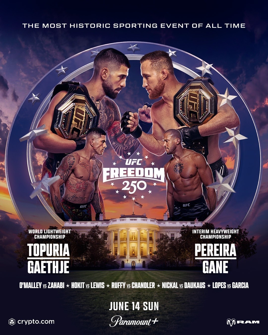 UFC 250 Freedom Topuria vs Gaethje And Pereira vs Gane Matchup Fight Card Poster