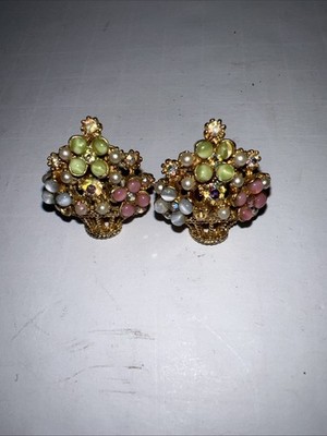 Vintage ART Arthur Pepper AB Rhinestone Basket Of Flowers Clip-On Earrings
