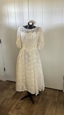 Vintage 1960  s Ivory Lace Tea Length Wedding Dress With Original Headpiece