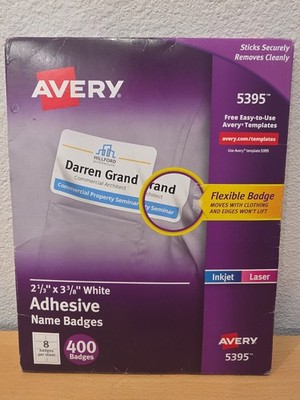 400 Badges Avery 5395 Adhesive White Name Badges 2-1/3'' x 3-3/8'' Inkjet/Laser