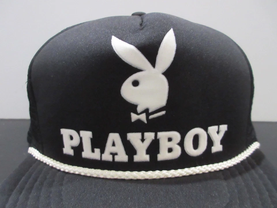 VINTAGE Playboy Hat Cap Snap Back Black White Bunny Rope Trucker Mesh Mens 80s - Image 2 of 4