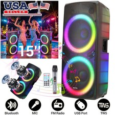 Dual 15" Wheeled Portable Bluetooth Karaoke Speaker RGB Light Wireless Mic